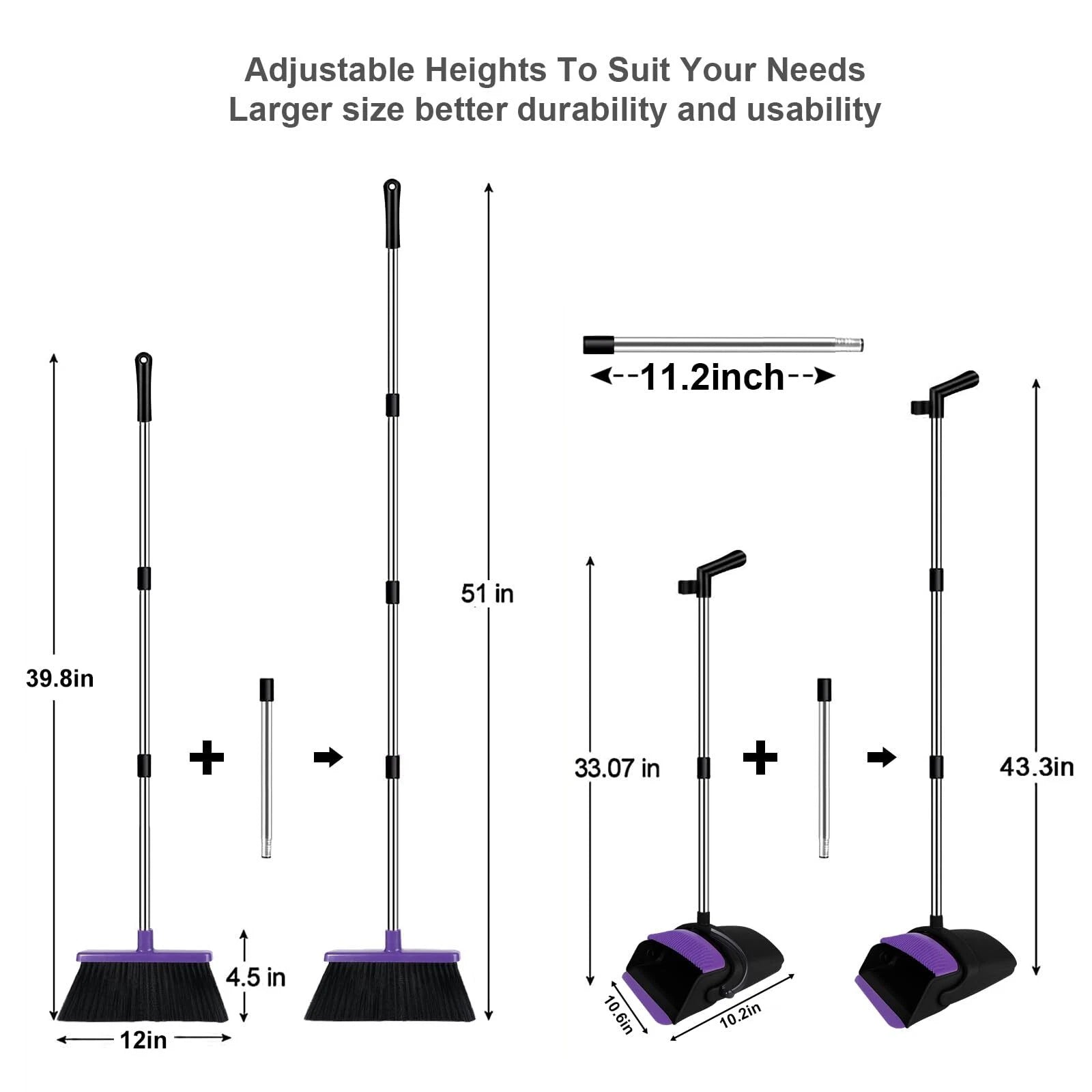 Broom and Dustpan Set Upright, 50-in Long Handle Self Cleaning for Home Kitch...