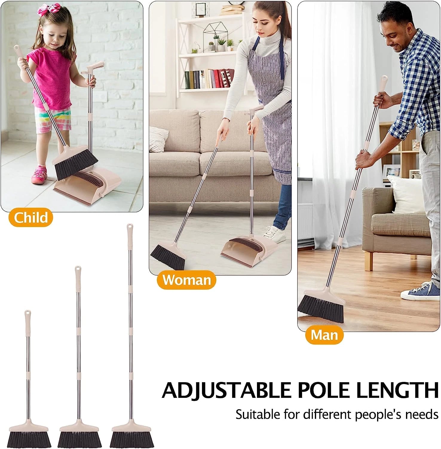 Long Handle Broom and Dustpan Set - Lightweight Stainless Steel, Brown & Beige