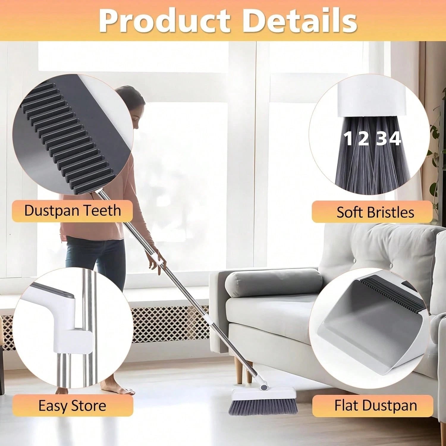 NGE-3-In-1 Broom And Dustpan Set, Soft Bristle, 180 Degree Rotatable Broom Dustp