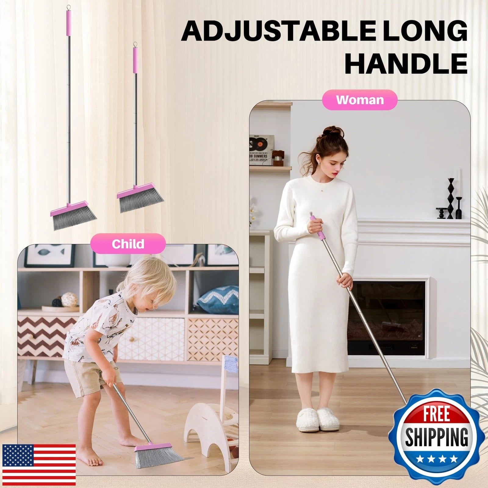 JOYMOOP Pink Broom and Dustpan Set with 56” Handle, Upright Angle with Built-