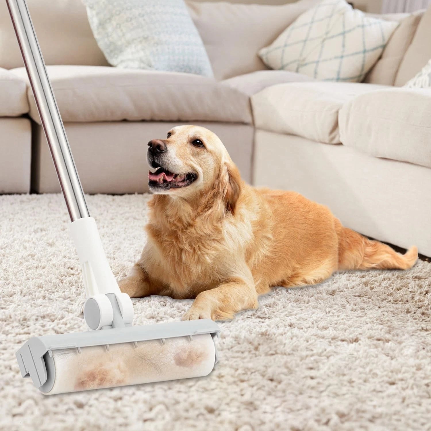 Long Handle Broom & Dustpan Set with Lint Roller for Indoor/Outdoor Use