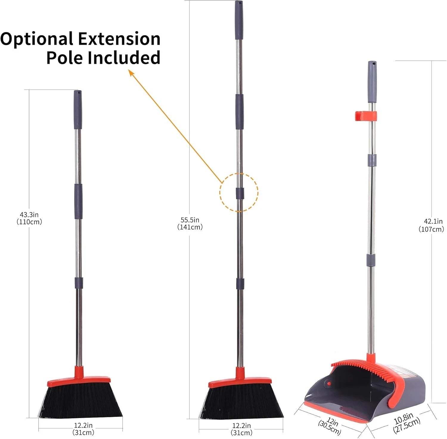 Broom and Dustpan Set with Long Handle & Soft Bristles for Home Use