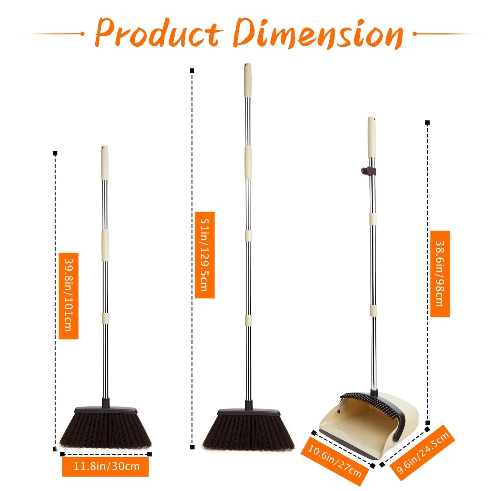 Broom and Dustpan Set Dustpan Combo with 51" Stainless Steel Long Handle Broo...