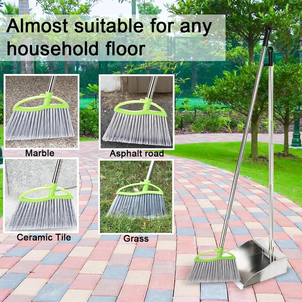 Heavy Duty Broom and Dustpan Set Metal Stand Up Pan with Stiff Bristle Brush