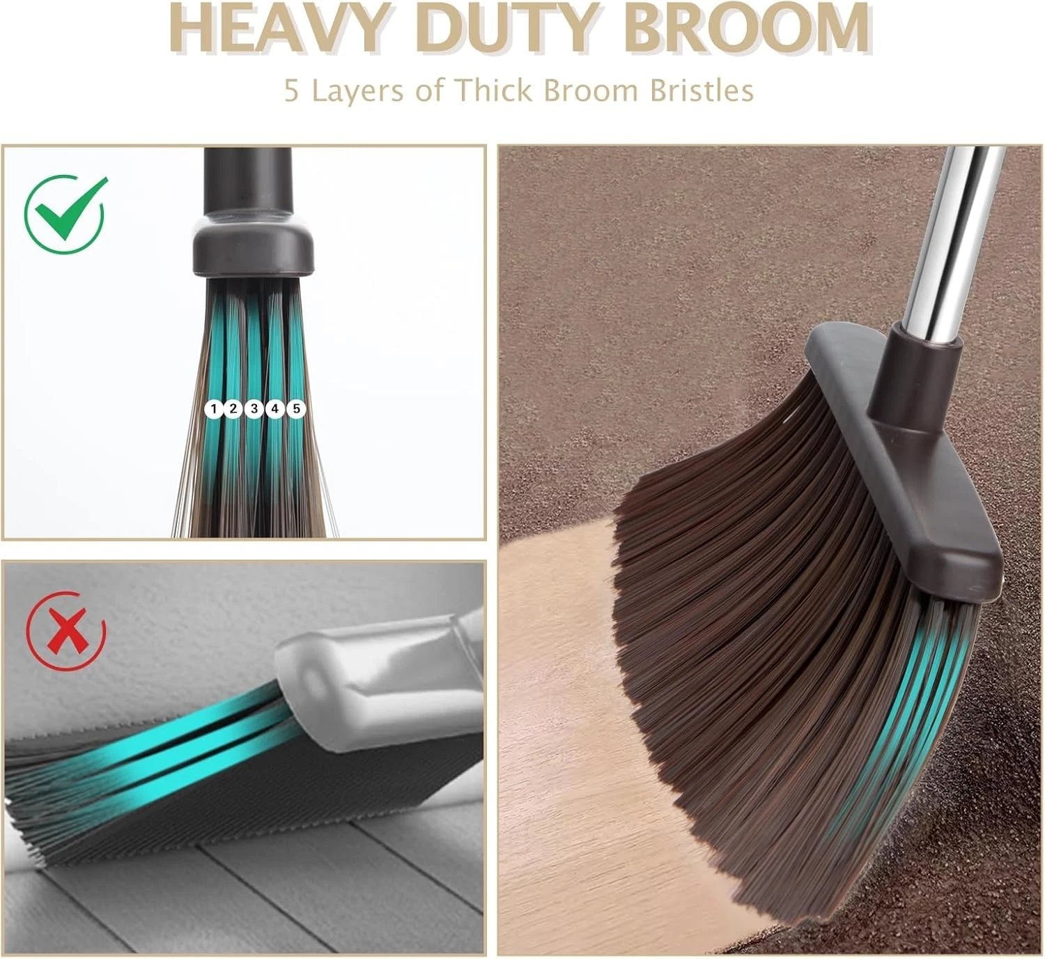 Broom and Dustpan Set with Long Handle, Heavy Dust Broom and Dustpan Combo for H