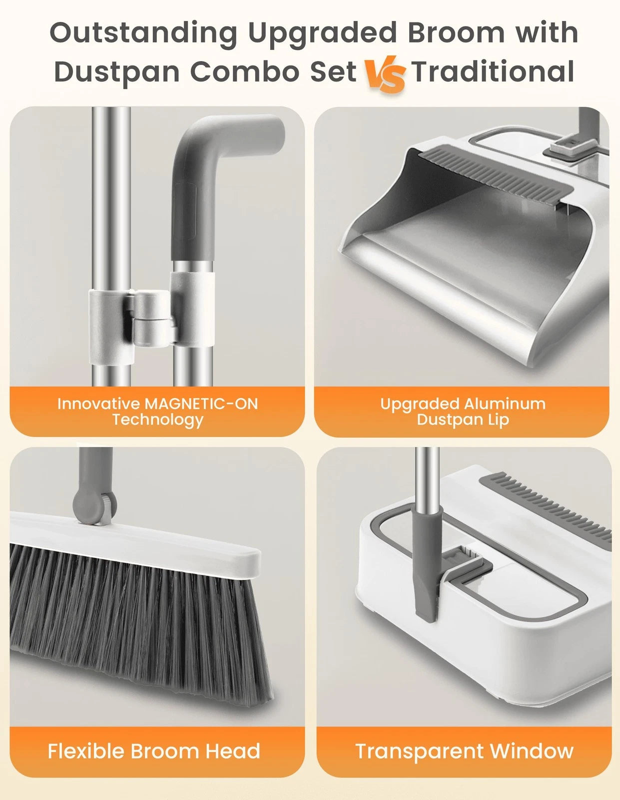 Broom with Dustpan Combo Set,51” Adjustable Long Handle,Broom and Dustpan,Dur...