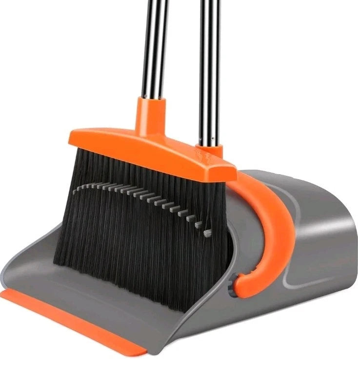 Dust pan and Broom Set with 50' Long Handle House Standing Dustpan Combo Upright
