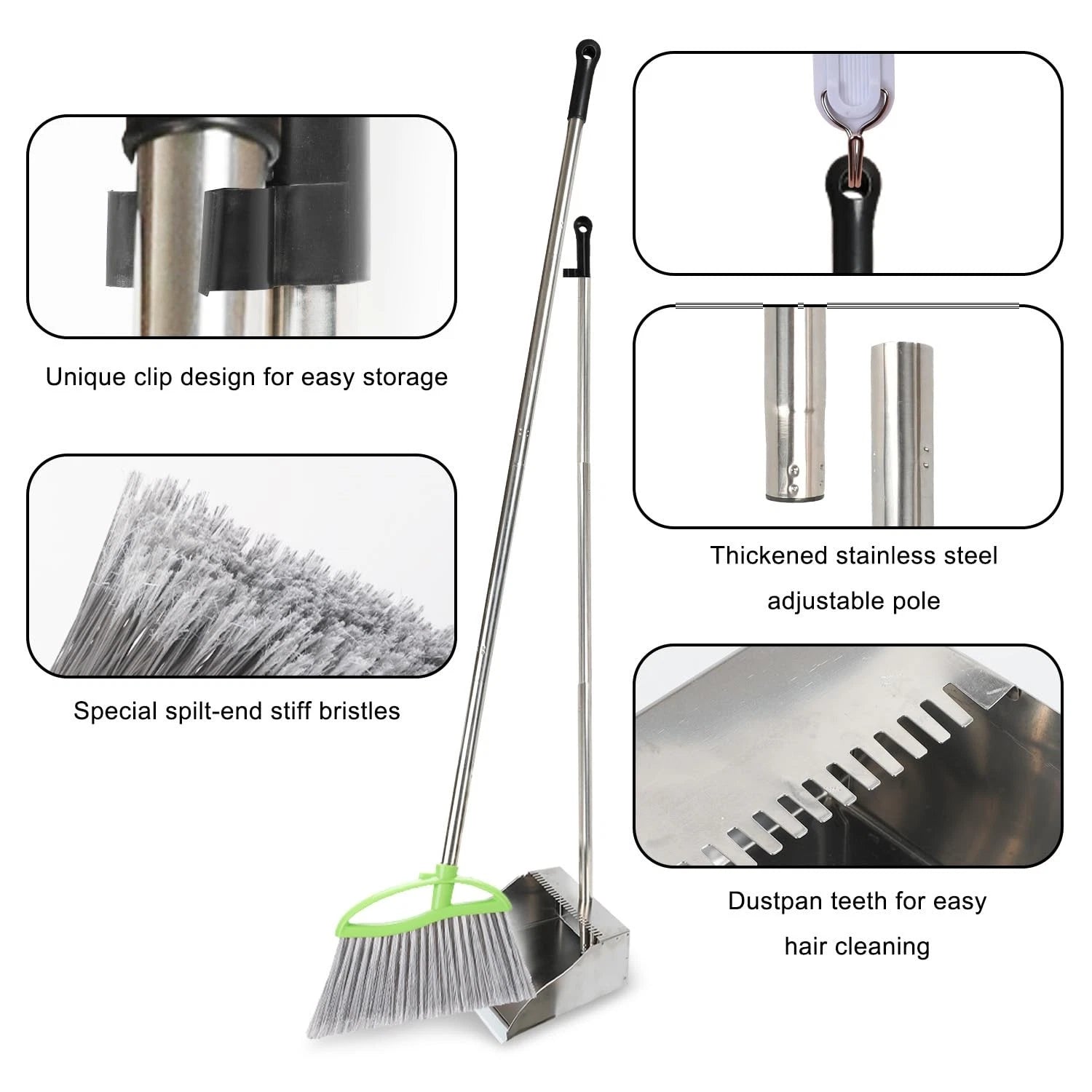 Heavy Duty Broom and Dustpan Set Metal Stand Up Pan with Stiff Bristle Brush