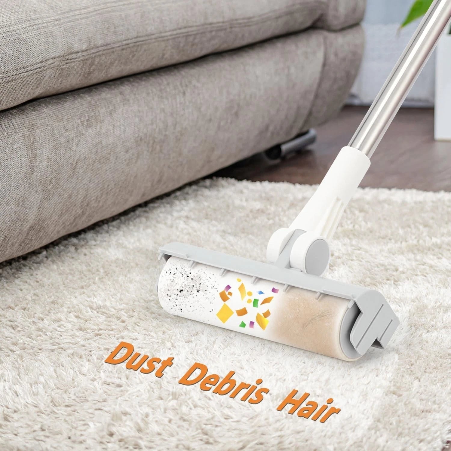 Long Handle Broom & Dustpan Set with Lint Roller for Indoor/Outdoor Use