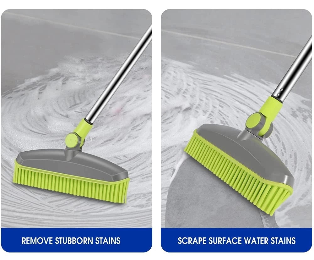 Adjustable Rubber Push Broom & Dustpan Set, Self-Cleaning, Long Handle