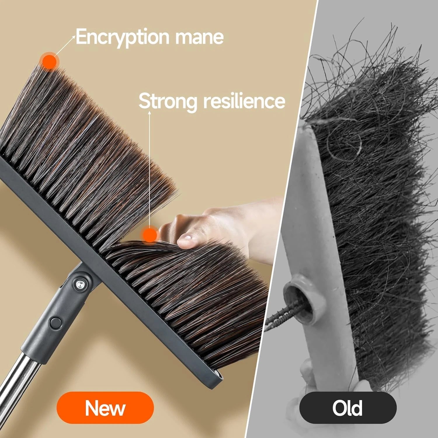 Broom Dustpan 51.6" Adjustable Long Handle 2 Replaceable Head Standing Set Lobby