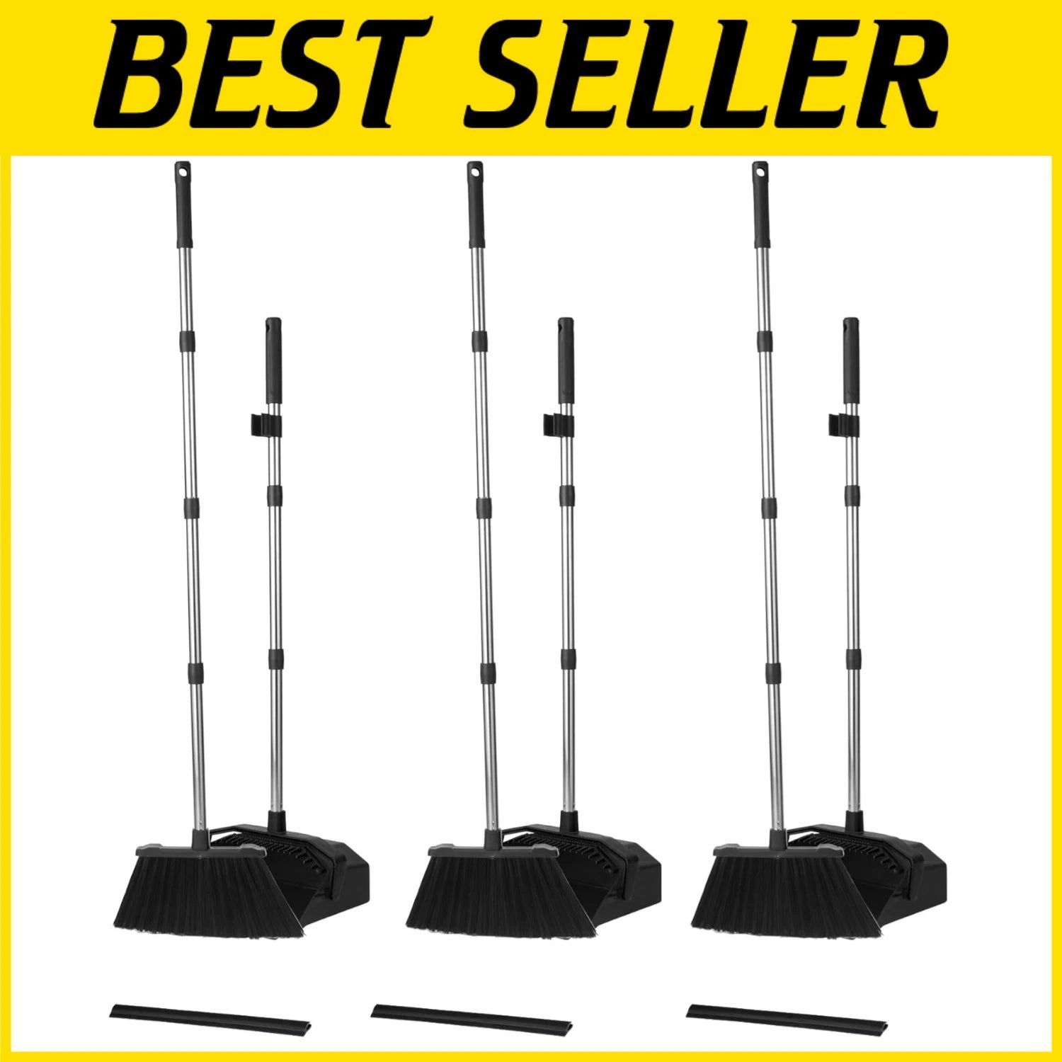 3-Pack Long Handle Broom & Dustpan Set - Perfect for Commercial Cleaning