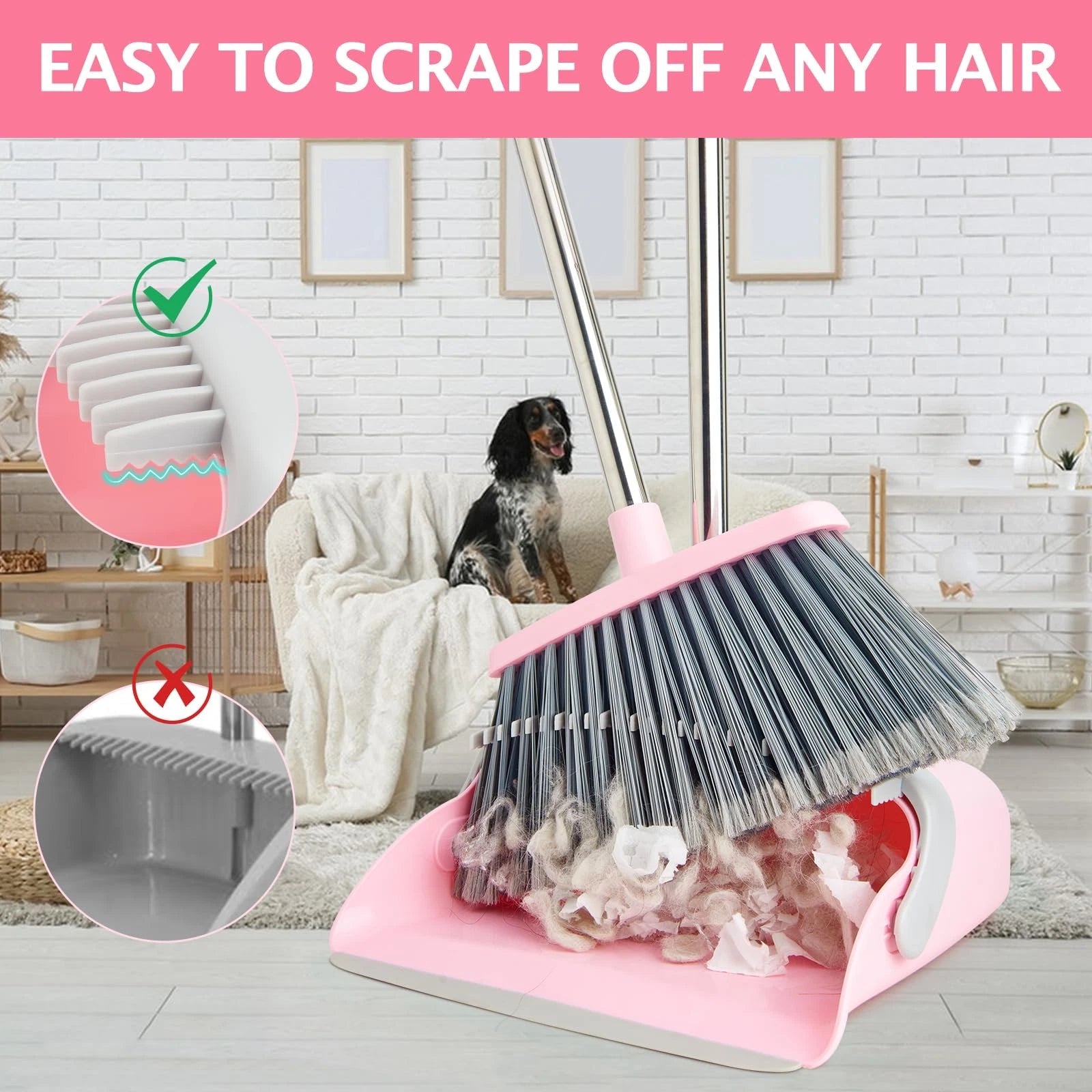 Broom and Dustpan Set, Long Handle Combo for Home, Kitchen, Office (Gray Pink)