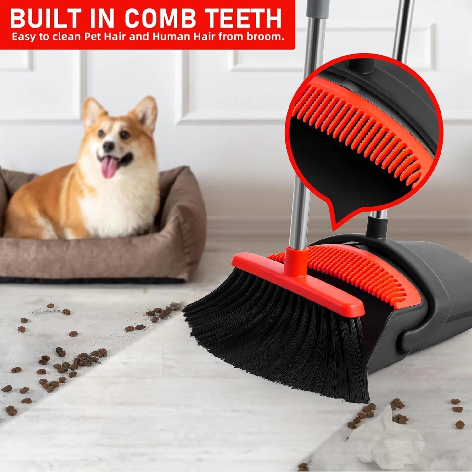 Broom Dustpan Set Adjustable Handle Teeth Hair Cleaning Home Office