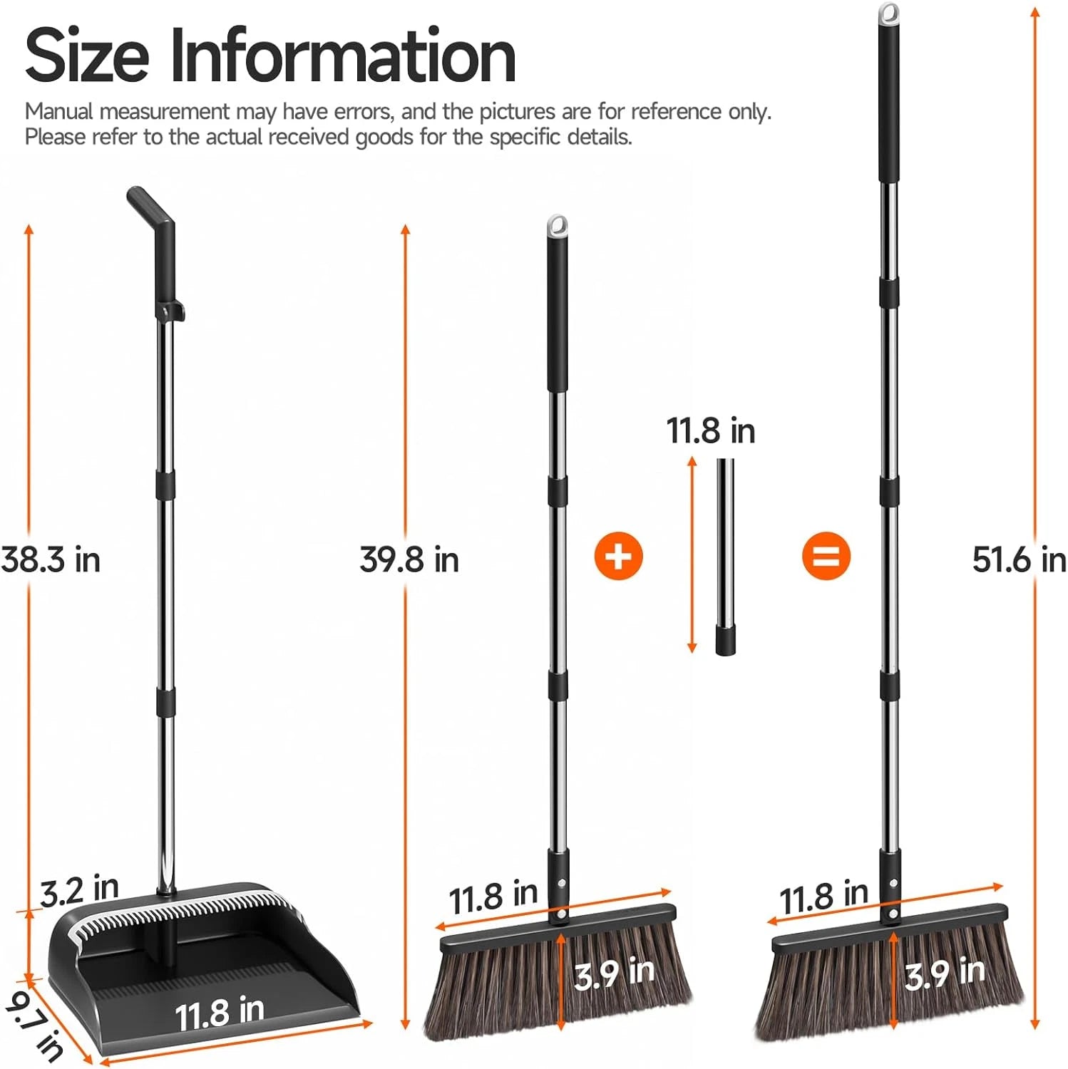 Broom Dustpan 51.6" Adjustable Long Handle 2 Replaceable Head Standing Set Lobby