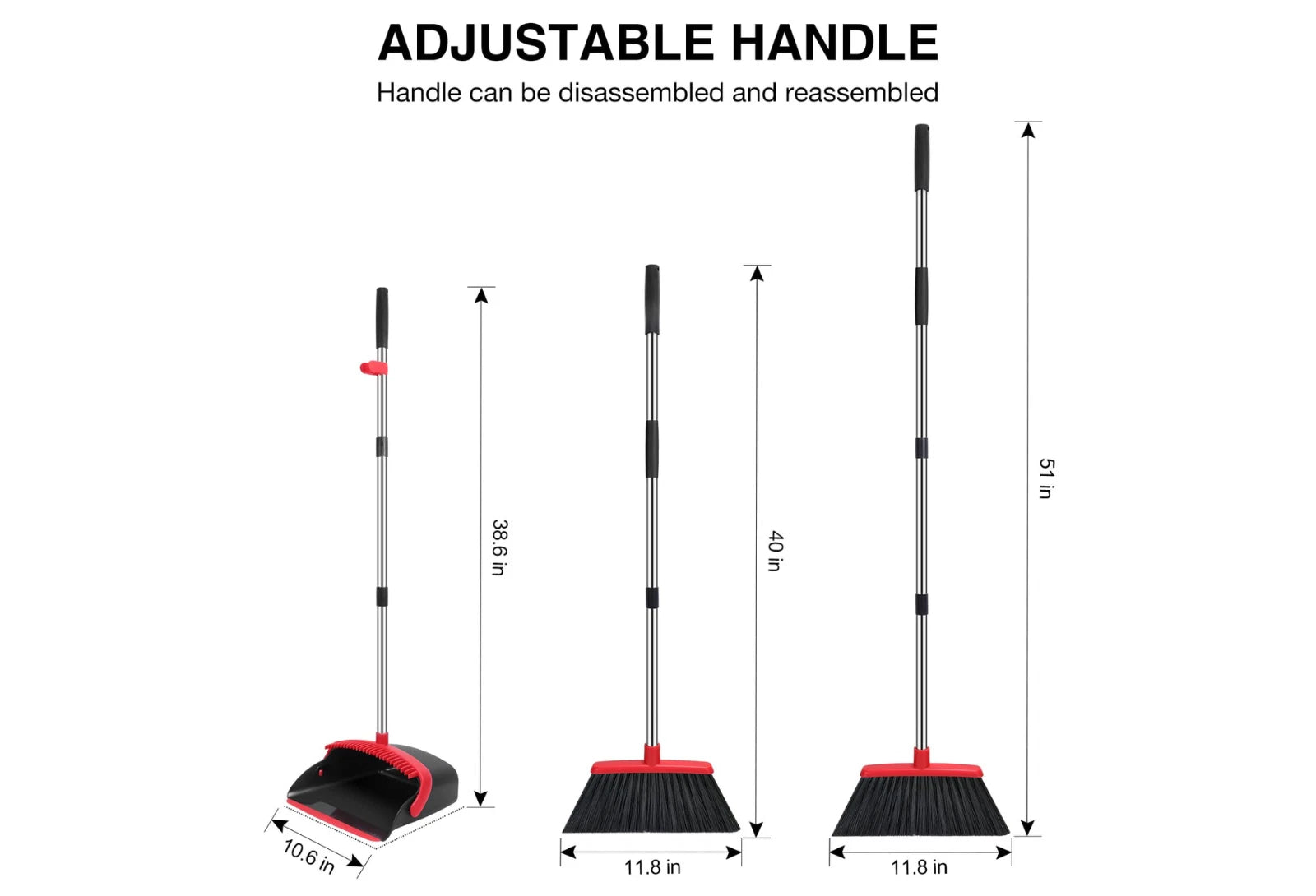 52in Long Handle Broom & Dustpan Set for Floor Cleaning (Black&Red)