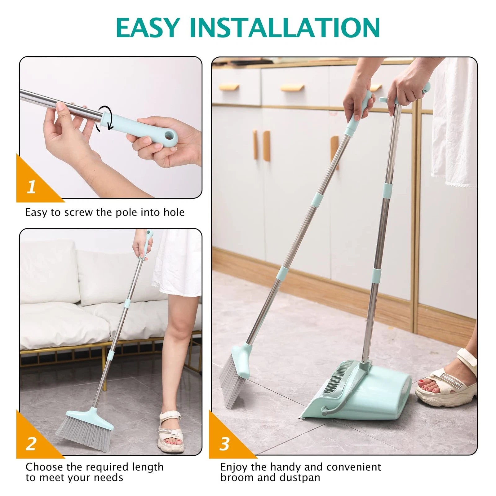 Broom and Dustpan Set with 55" Handle for Home and Office Cleaning