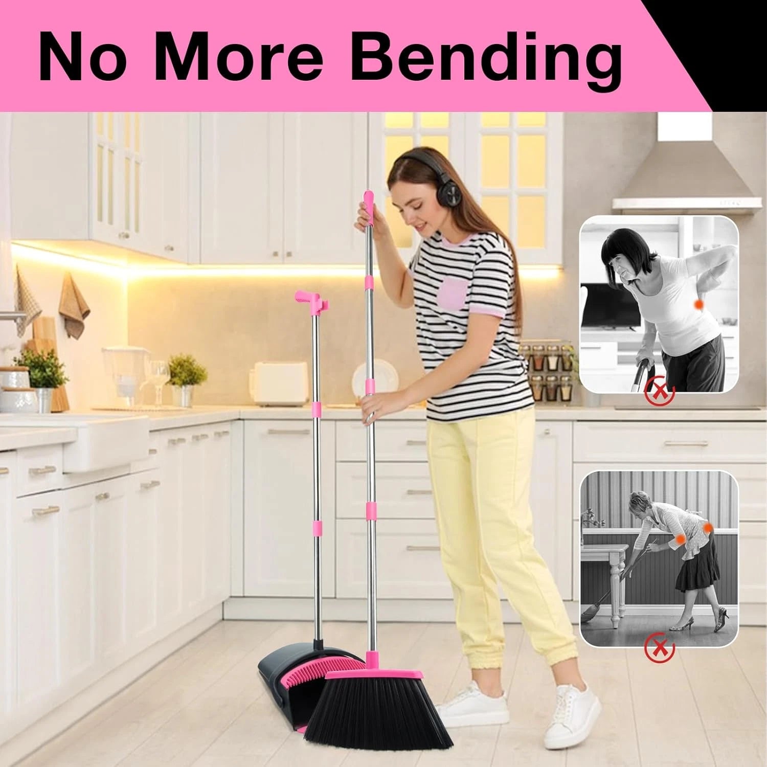 Broom and Dustpan Set, Long Handle Lightweight Dustpans with Broom Combo for Hom