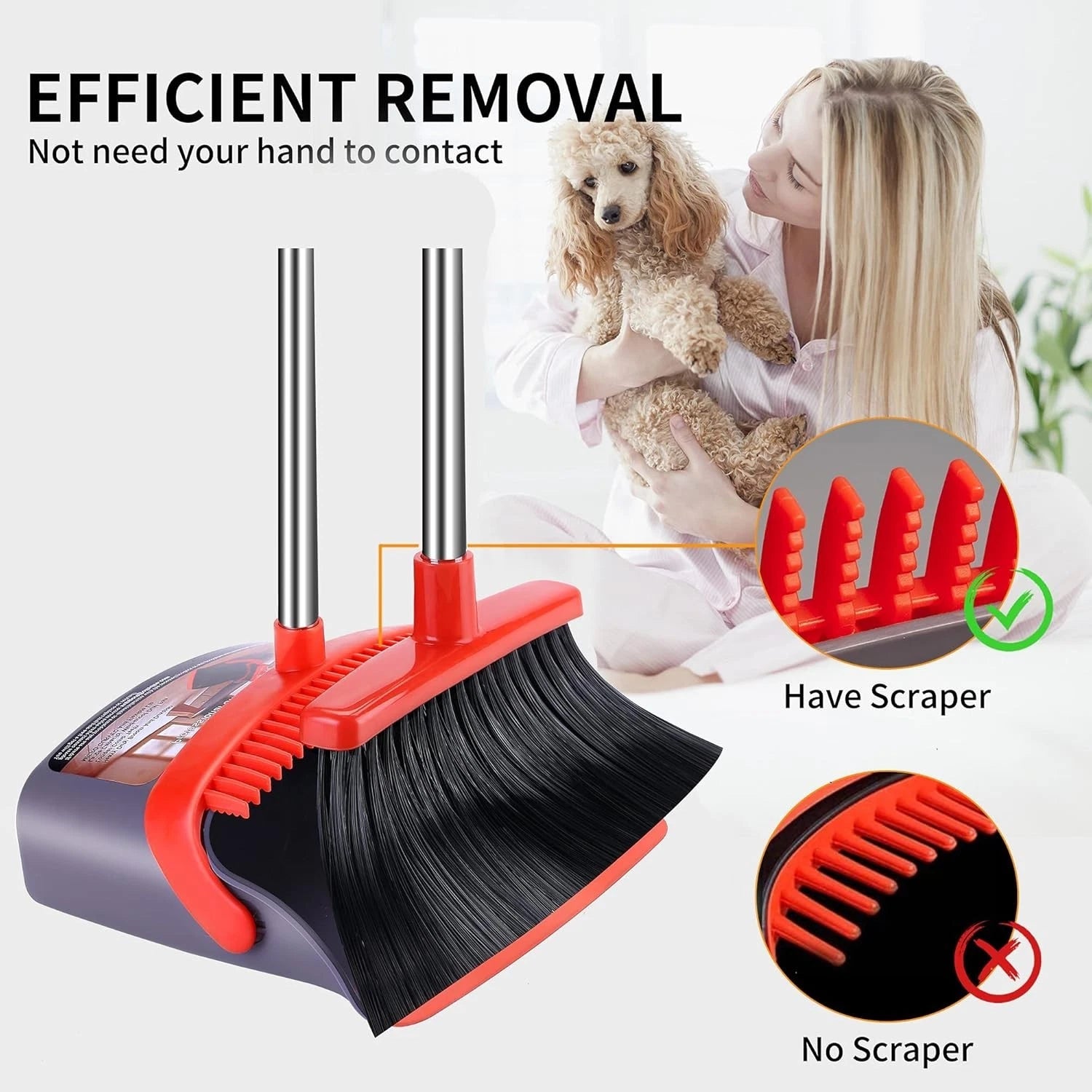 Broom and Dustpan Set with Long Handle & Soft Bristles for Home Use