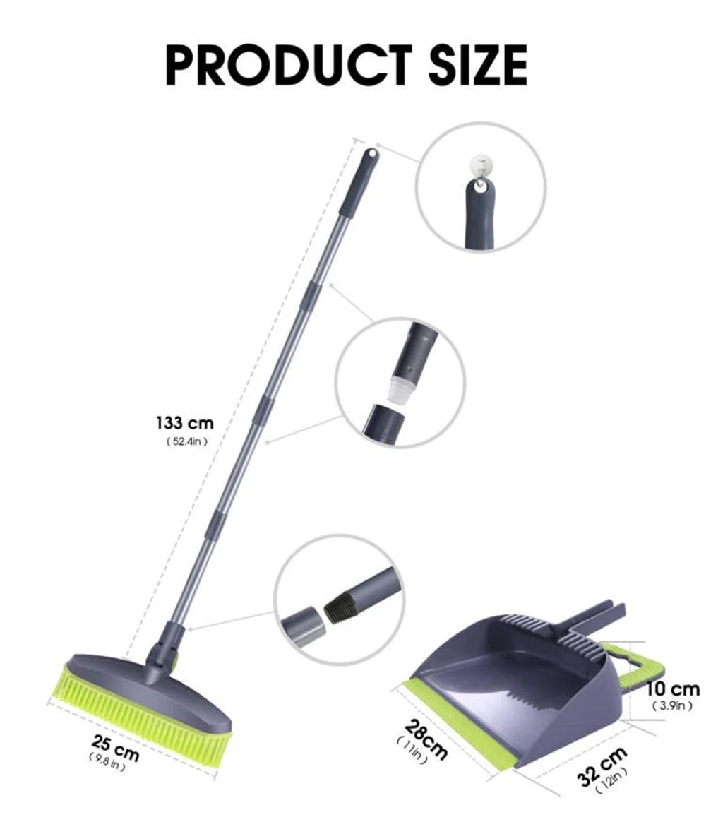 Adjustable Rubber Push Broom & Dustpan Set, Self-Cleaning, Long Handle