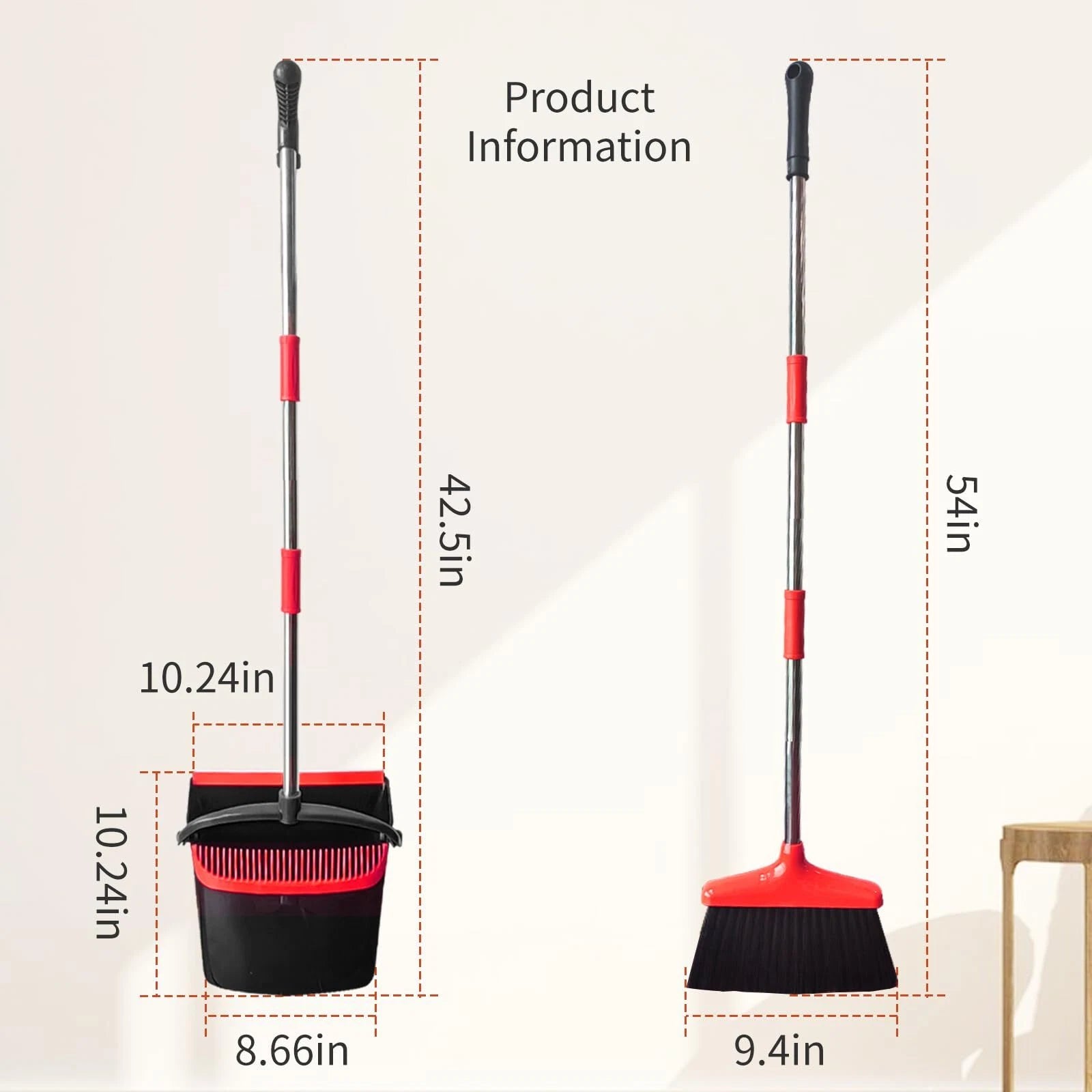 Broom and Dustpan Combo Set 54 Long Handle Adjustable Stainless Steel