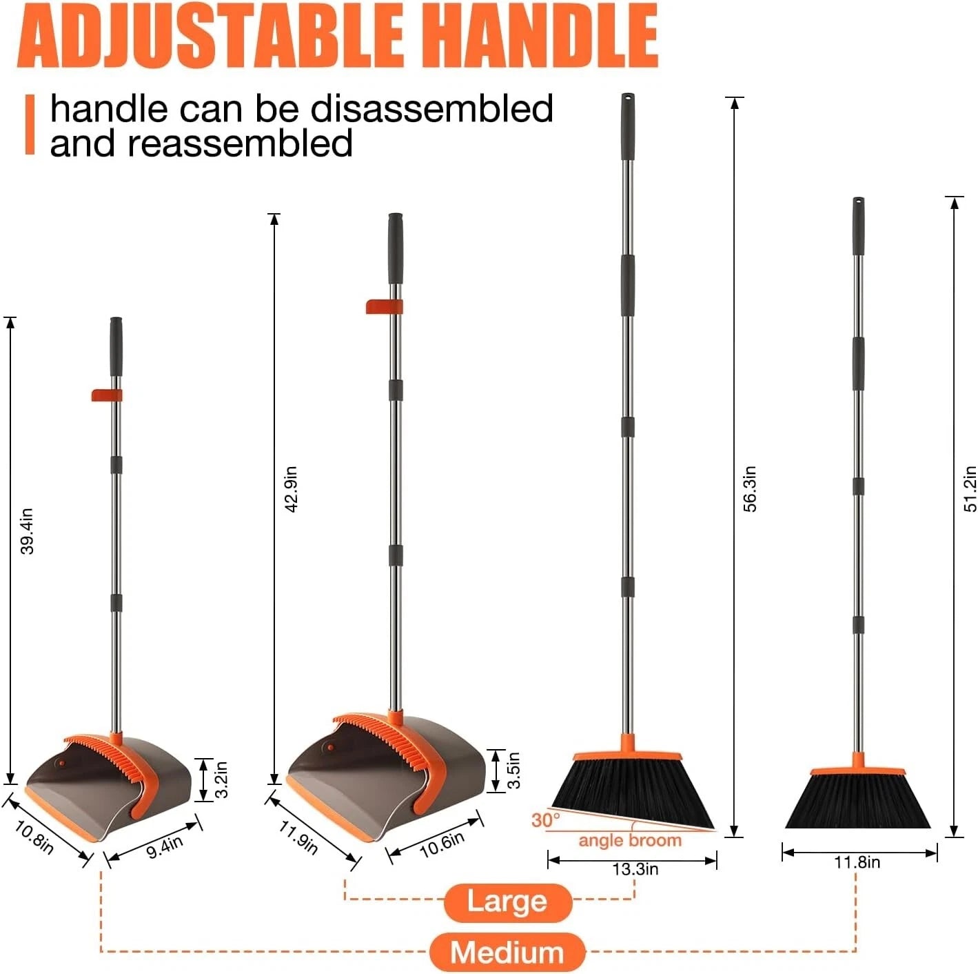 Durable Broom and Dustpan Set with 56" Adjustable Long Handle Large