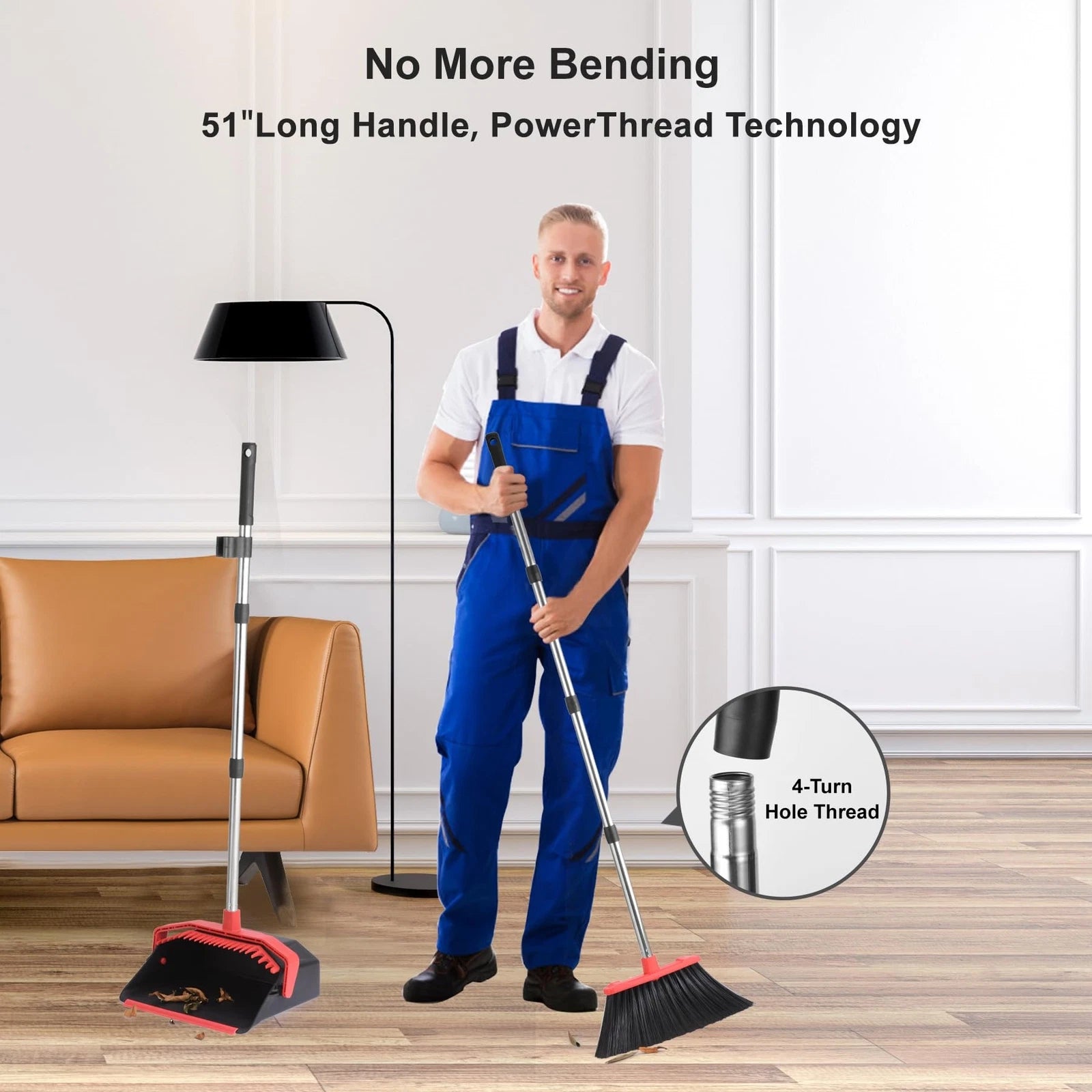 Upgrade Broom And Dustpan Set 51'' Sturdy Long Handle Large Upright Stand Up Bro