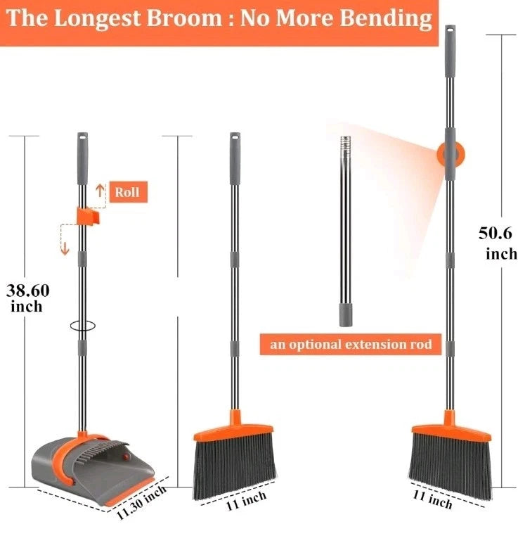 Dust pan and Broom Set with 50' Long Handle House Standing Dustpan Combo Upright