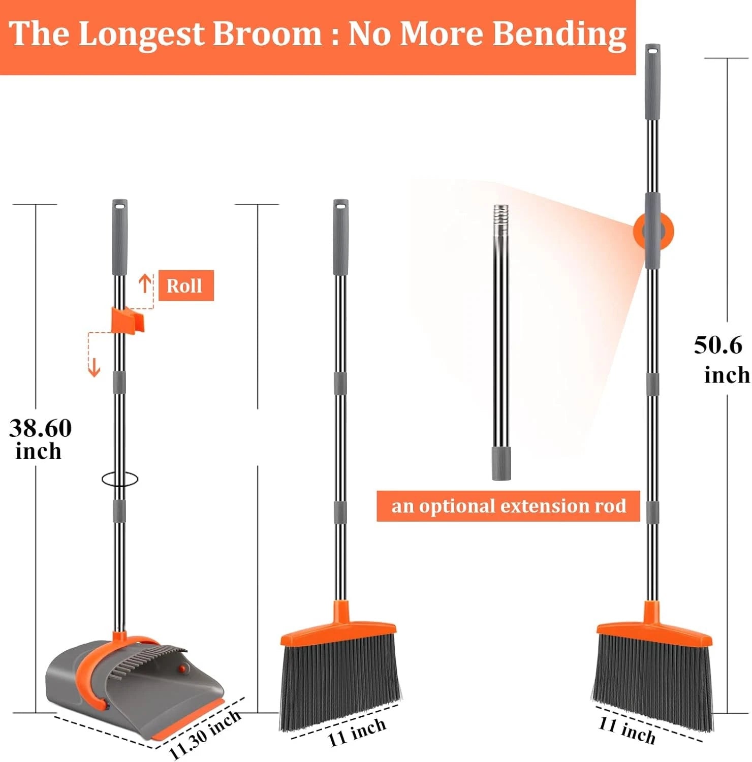 Combination set of broom and dustpan, long-handled broom with upright dustpan