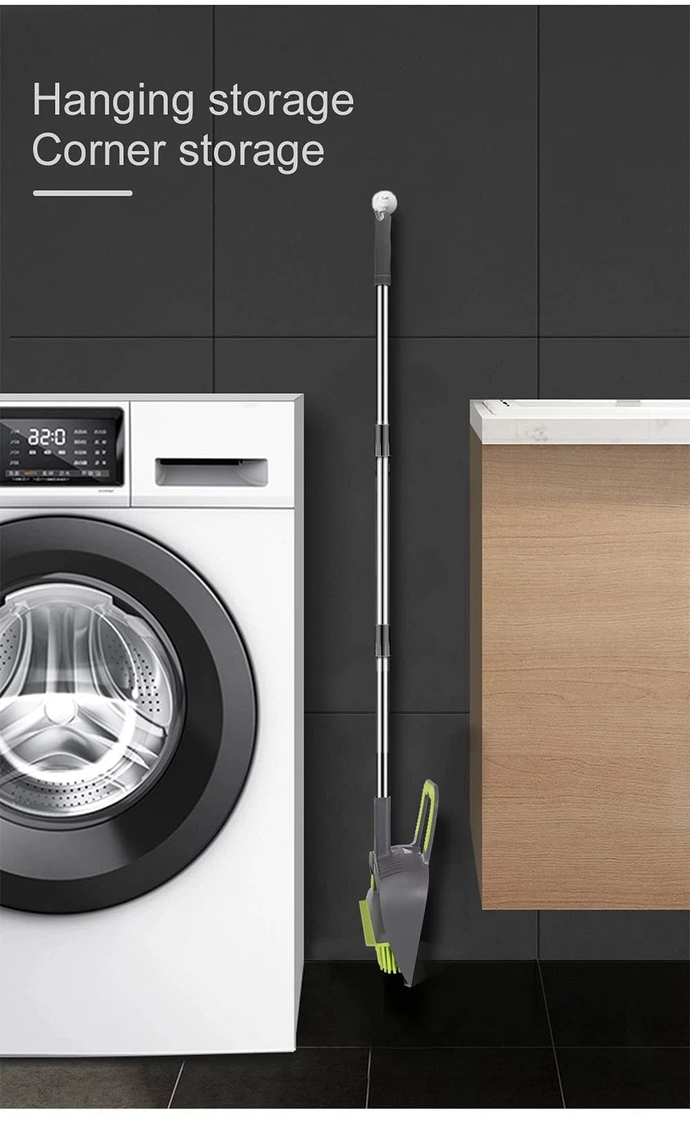 Adjustable Rubber Push Broom & Dustpan Set, Self-Cleaning, Long Handle