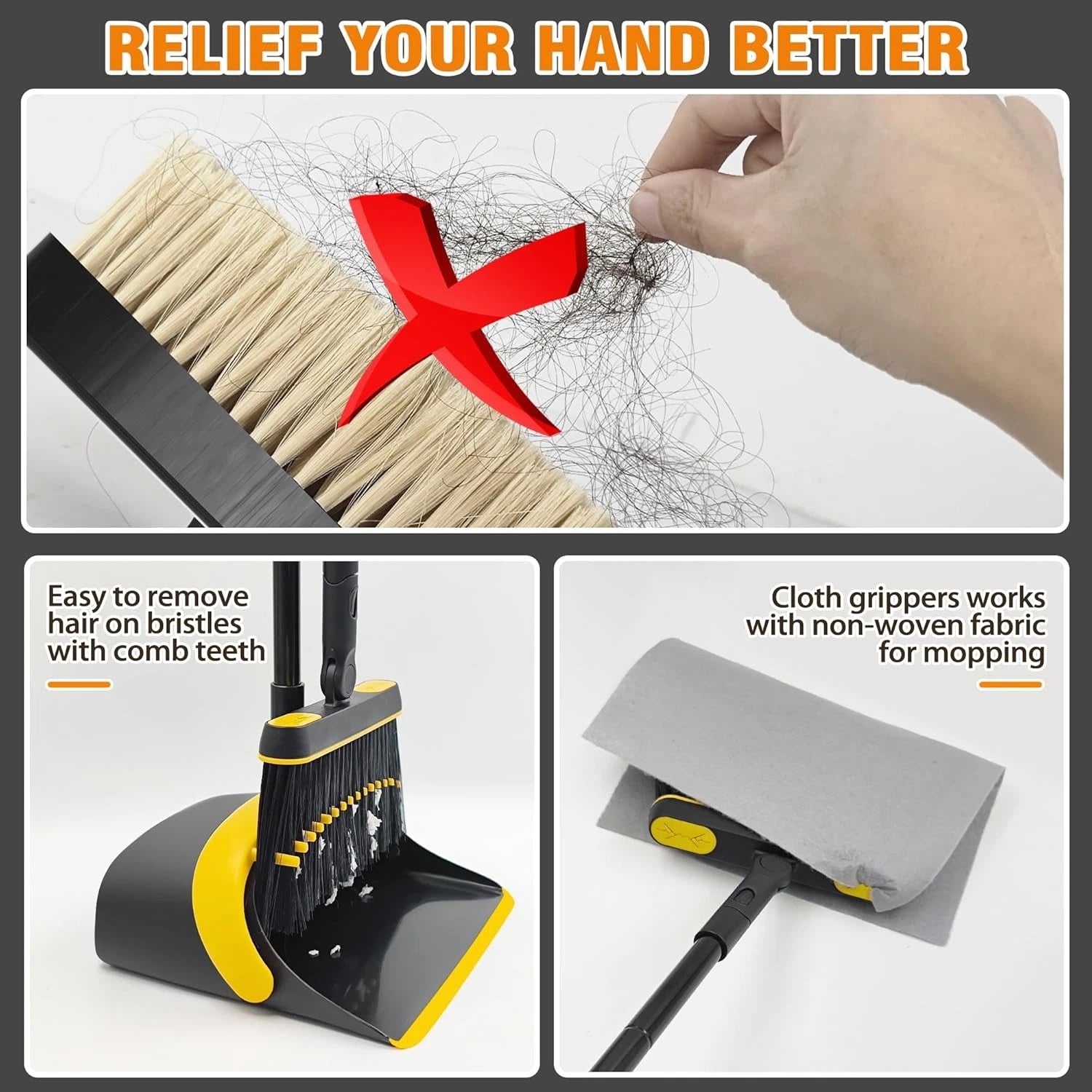 Broom and dustpan set, long-handled rotating brush head,upright foldable dustpan