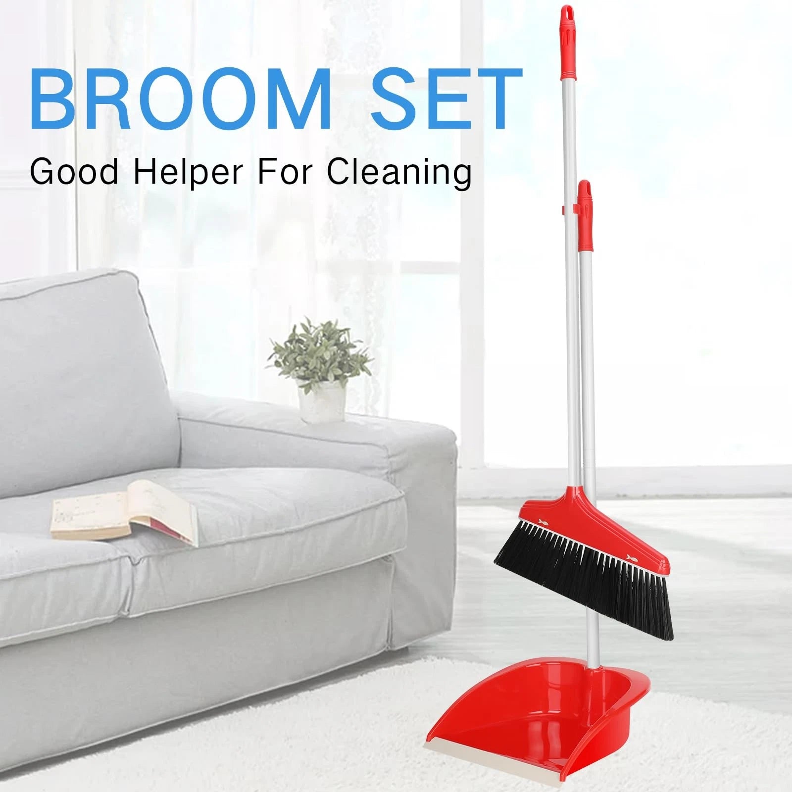 Set of 8 Long Handle Broom and Dustpan Upright Standing Combo for Floor Cleaning