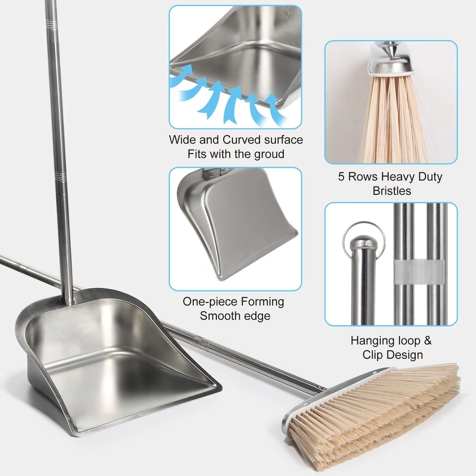 Broom and Dustpan Set for Home, Stainless Steel Broom and Dustpan Set with Lo...