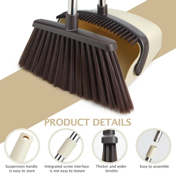 Broom and Dustpan Set with Long Handle, Heavy Dust Broom and Dustpan Combo for H