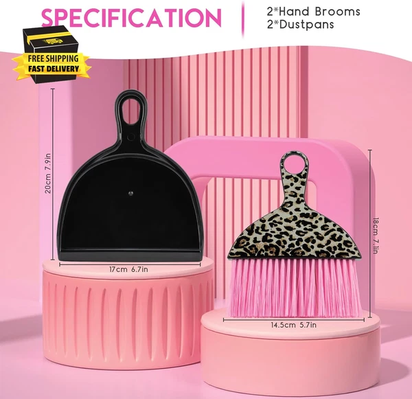 2PCS Mini Dustpan and Brush Set, Small Broom and Dustpan Set with Pink Leopard P