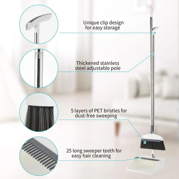 Broom with Dustpan Combo Set 2 in 1 and Long Handle Upright 180° Rotating Brush