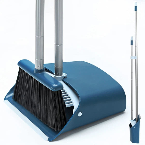 Standing Dustpan and Broom Set with 52"Long Extendable Handle for Home Indoor
