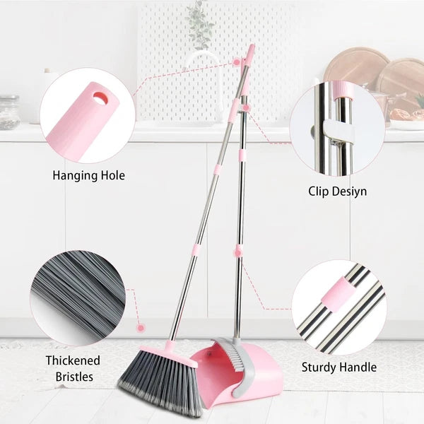 Broom and Dustpan Set, Efficient Floor Cleaning with Broom, Long Handle and Stan