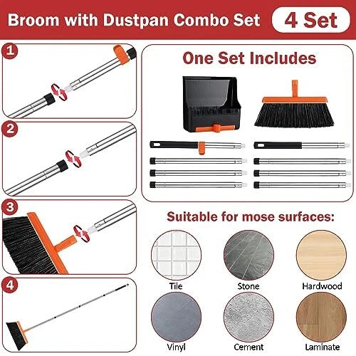 Broom and Dustpan Set, 4 Pack, 52" Long Handle Adjustable Broom with Dustpan