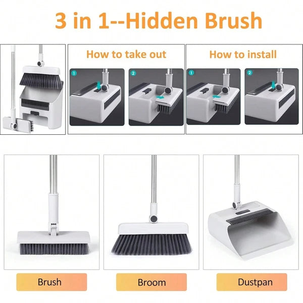 NGE-3-In-1 Broom And Dustpan Set, Soft Bristle, 180 Degree Rotatable Broom Dustp