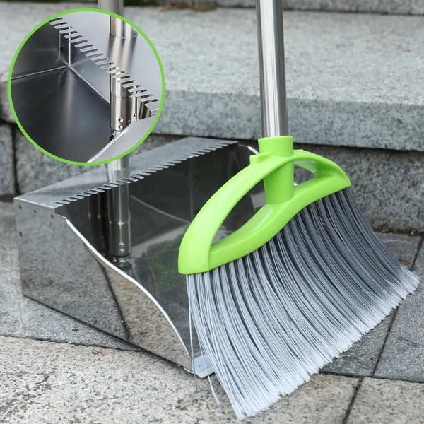 Heavy Duty Broom and Dustpan Set Metal Stand Up Pan with Stiff Bristle Brush