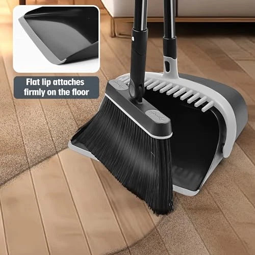 Broom and Dust Pan, 54.3 inches Long Handle Swivel Brush, Upright Black & Gray