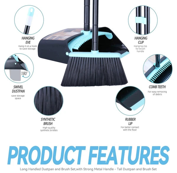 54" Long Handle Broom with Dustpan Combo Set Standing for Indoor Lobby Office