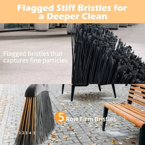Outdoor Broom and Dustpan Set with Long Handle, Commercial Upright Standing
