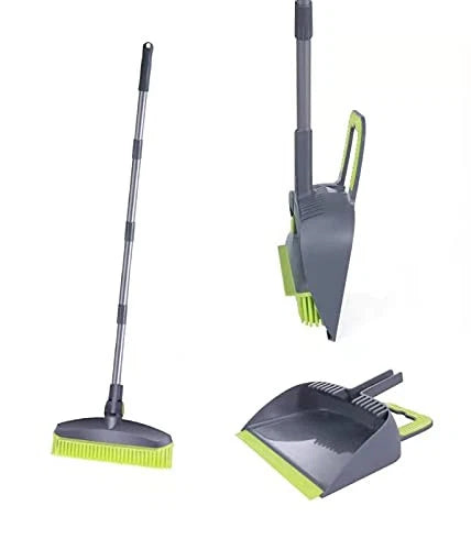 Adjustable Rubber Push Broom and Dustpan Set,Self Cleaning Indoor Green+grey