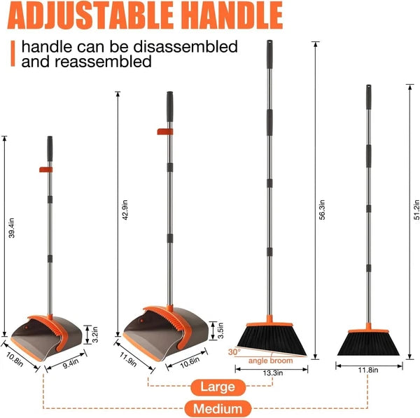 Durable Broom and Dustpan Set with 56" Adjustable Long Handle Large