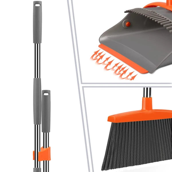 Broom and Dustpan Set Long Handle with Upright Standing Dustpan Indoor&Outdoor