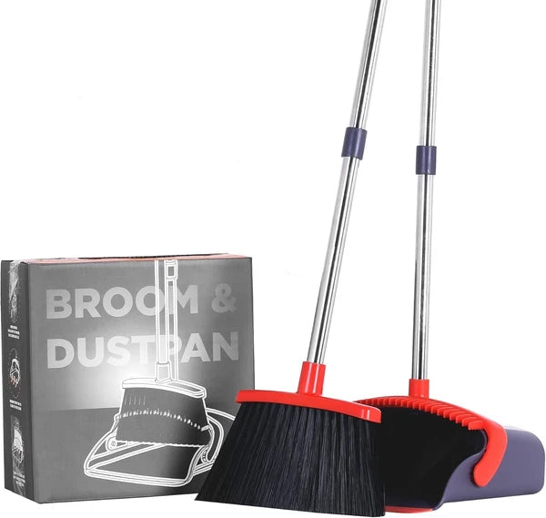 Broom and Dustpan Set with Long Handle & Soft Bristles for Home Use