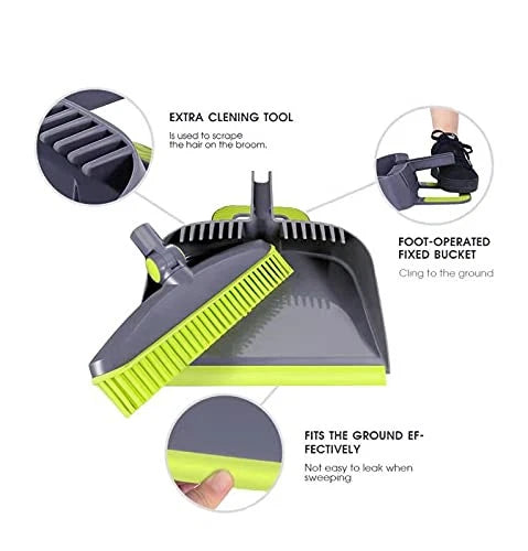 Adjustable Rubber Push Broom and Dustpan Set,Self Cleaning Indoor Green+grey