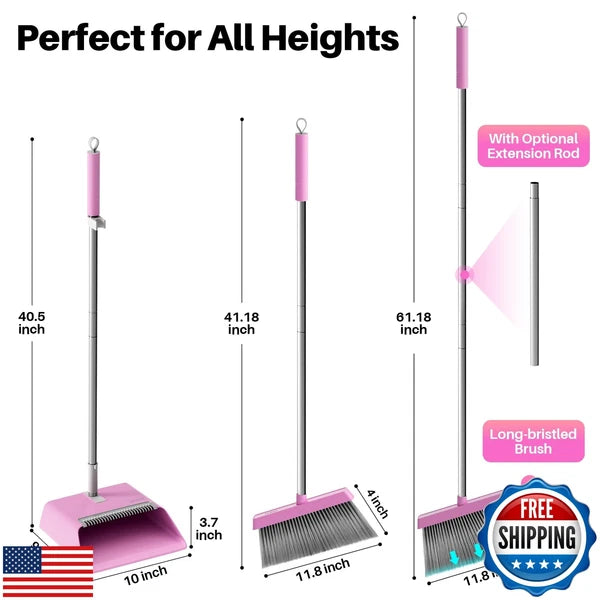 JOYMOOP Pink Broom and Dustpan Set with 56” Handle, Upright Angle with Built-